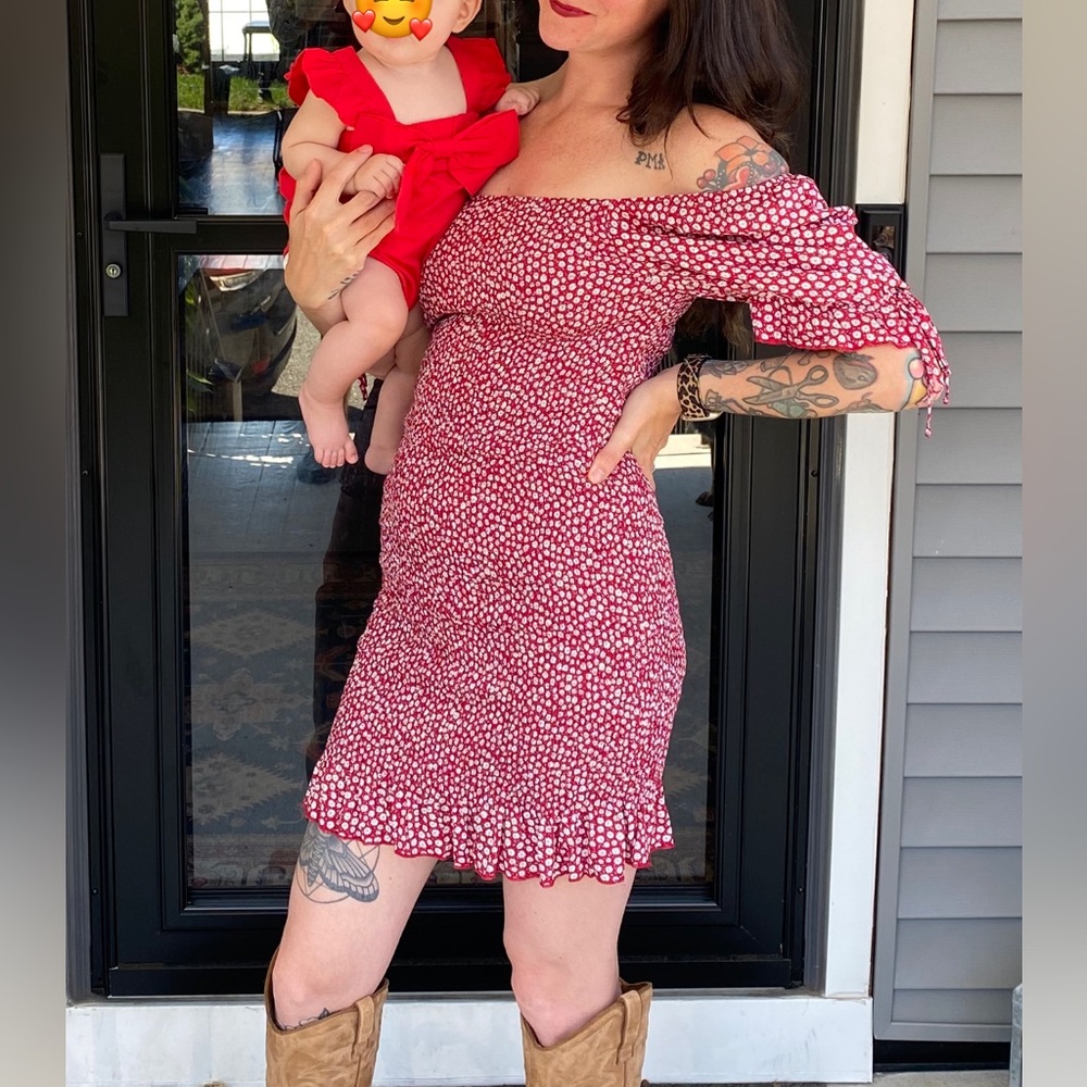 Stretchy red floral off the shoulder dress
